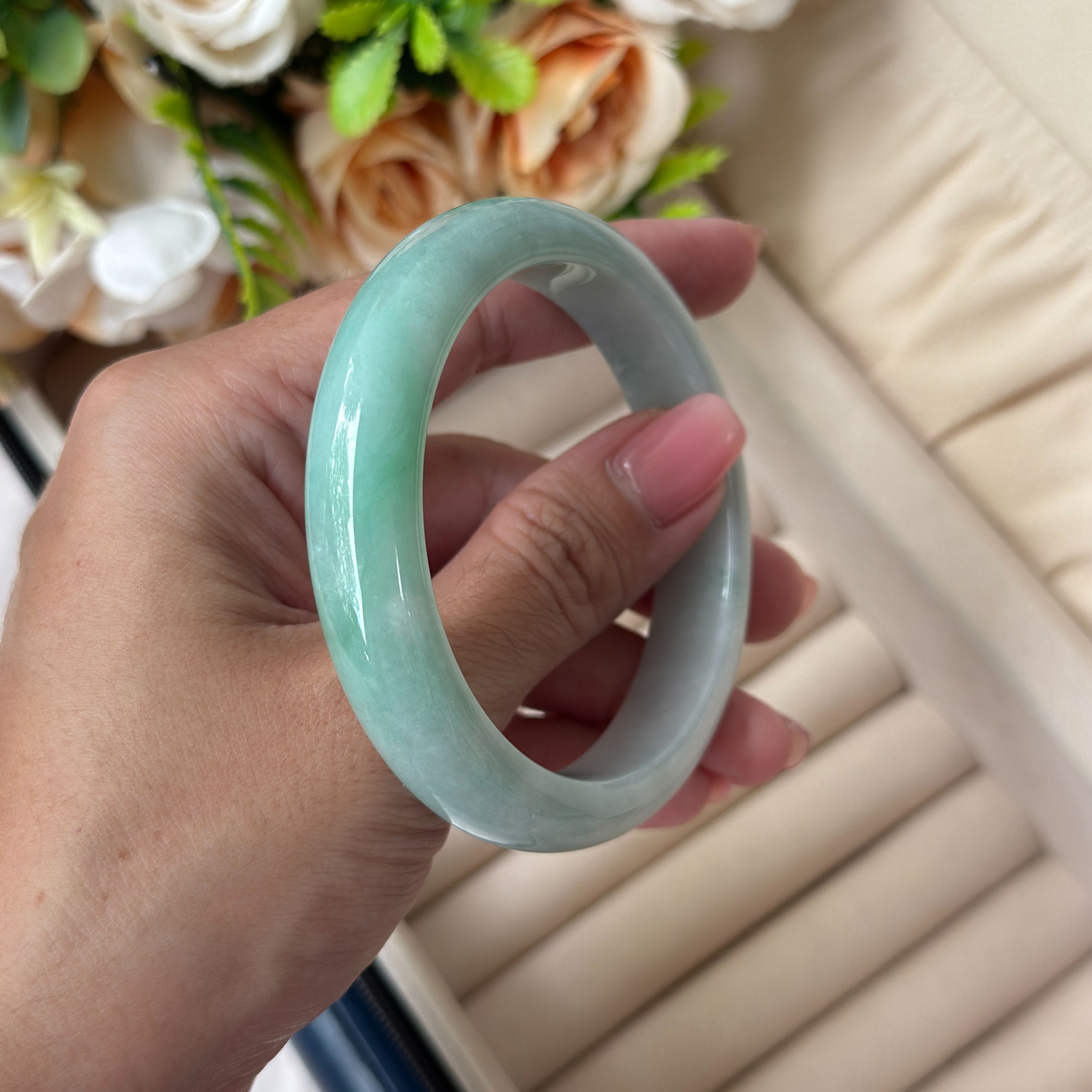 Grade A Apple Mist Jade Bangle - S56+/58g