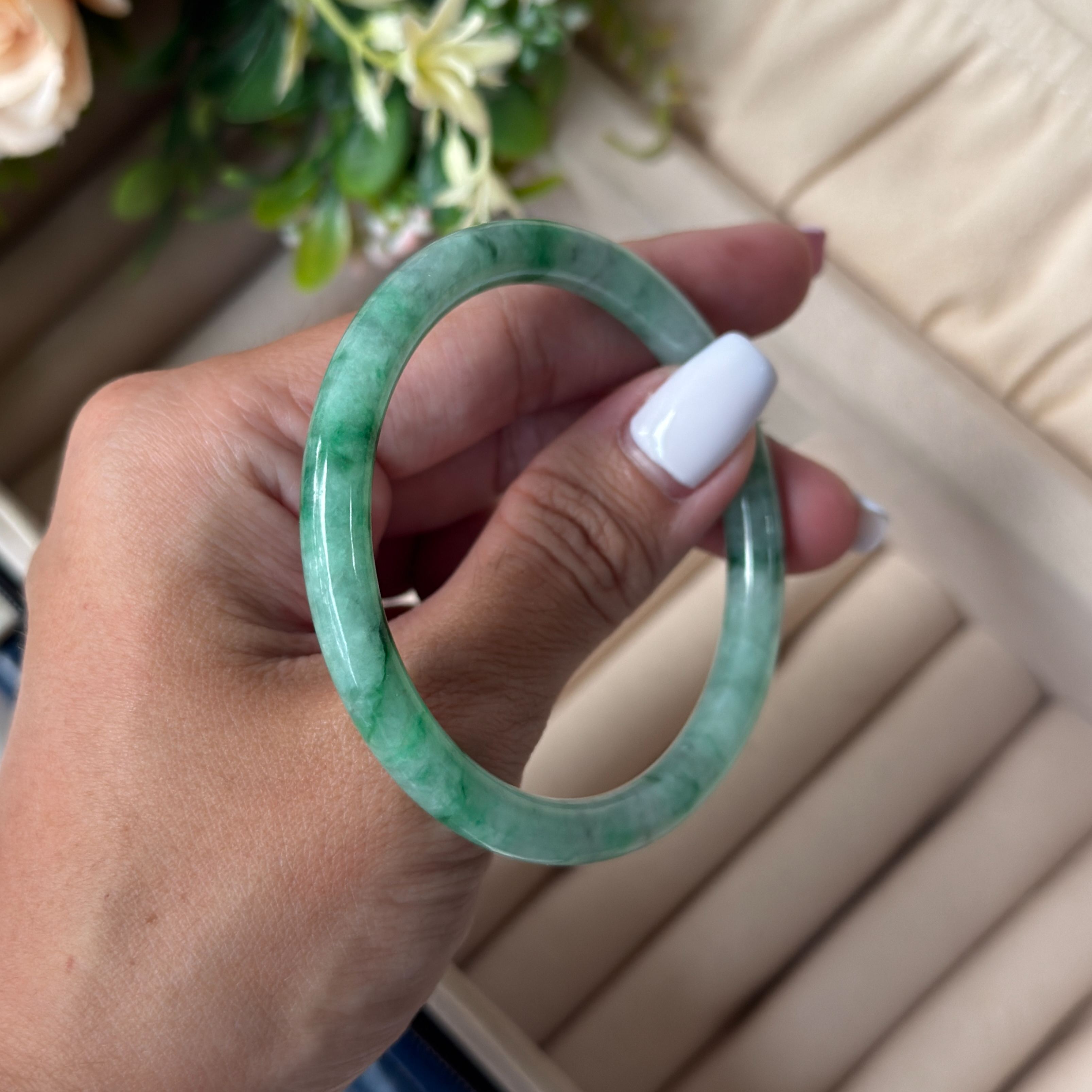Grade A Frosty Piao Hua Jade Yuan Tiao Bangle - S54/23g