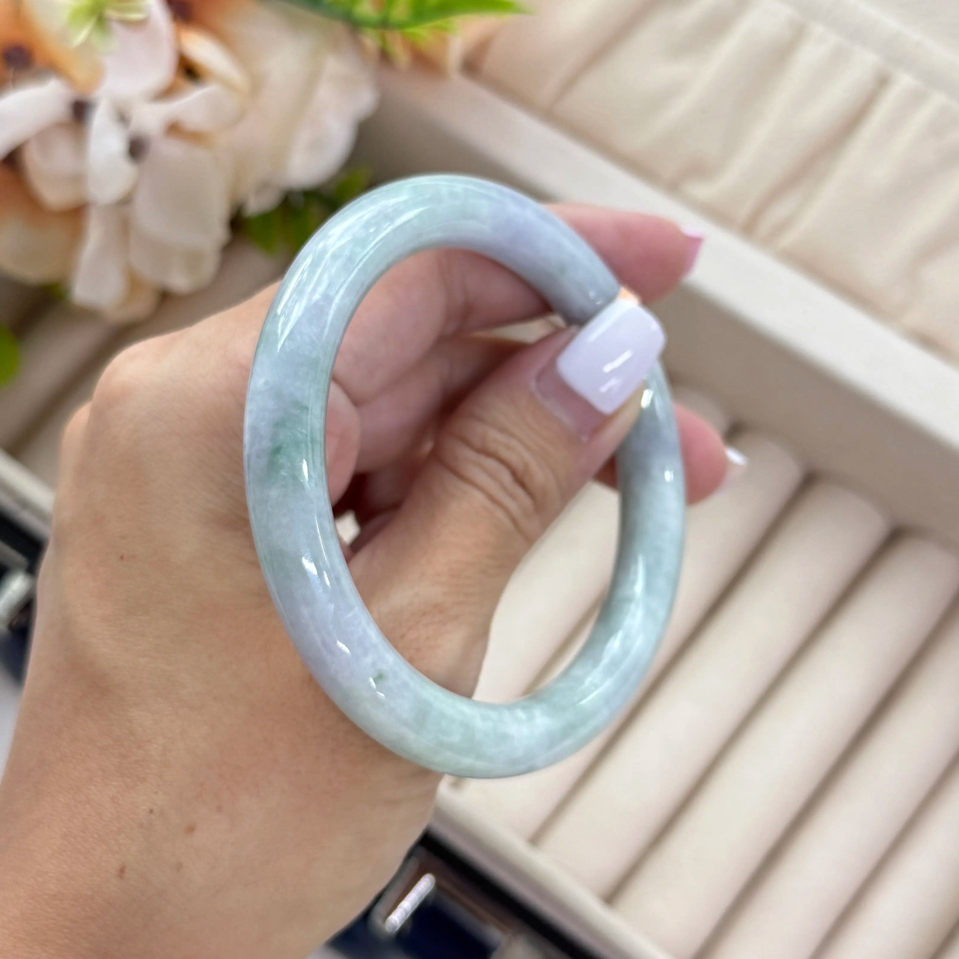 Grade A Spring Lav Green Yuan Tiao Jade Bangle - S57/45.8g