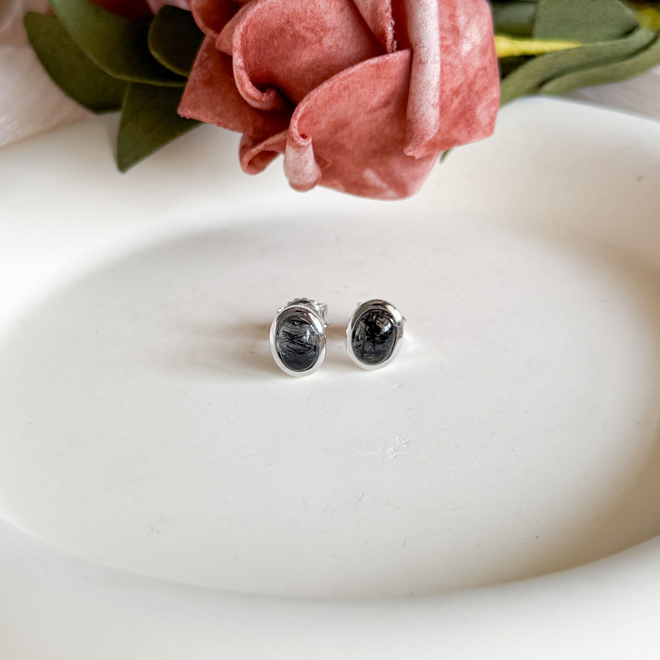Black Rutilated Quartz Oval Earring Studs