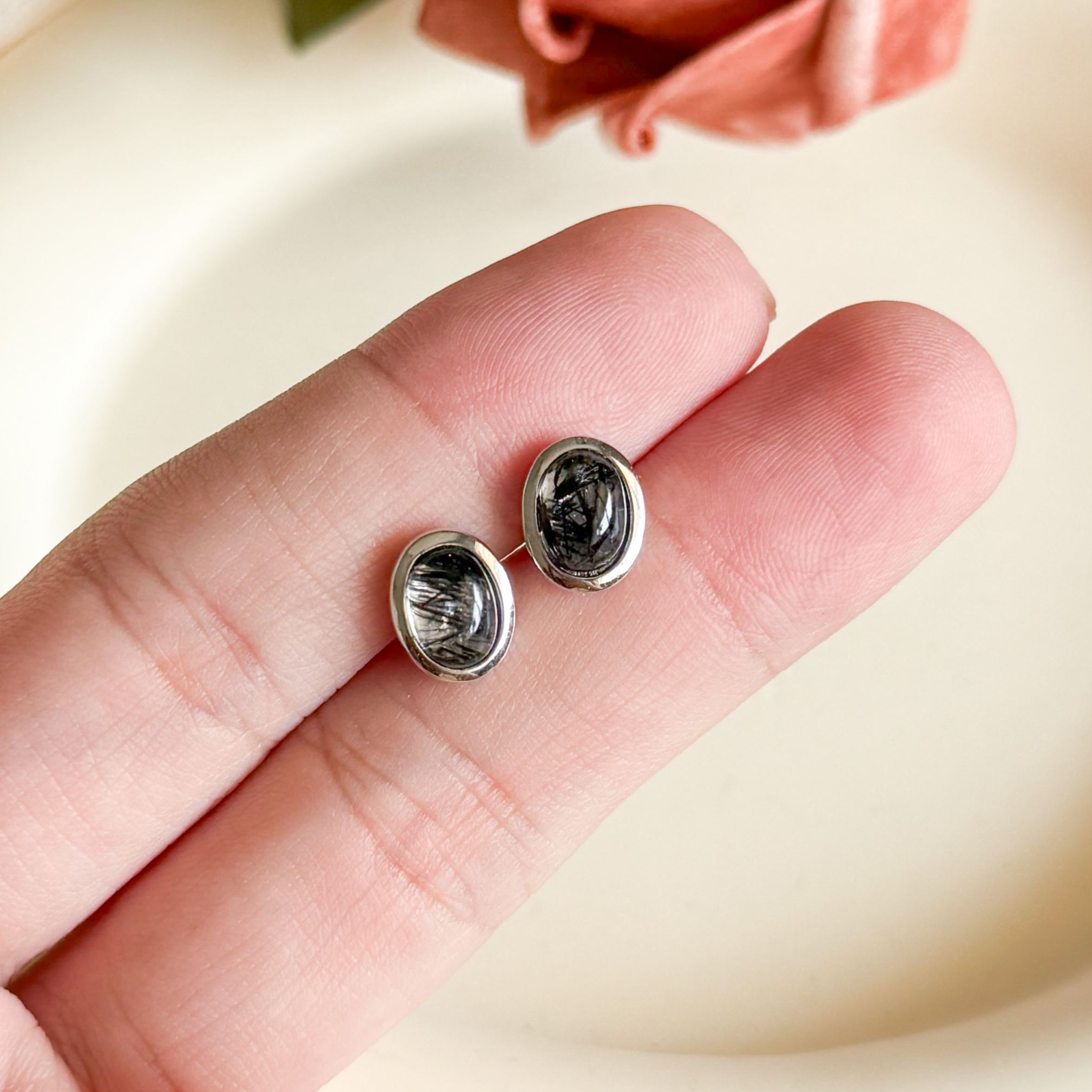 Black Rutilated Quartz Oval Earring Studs