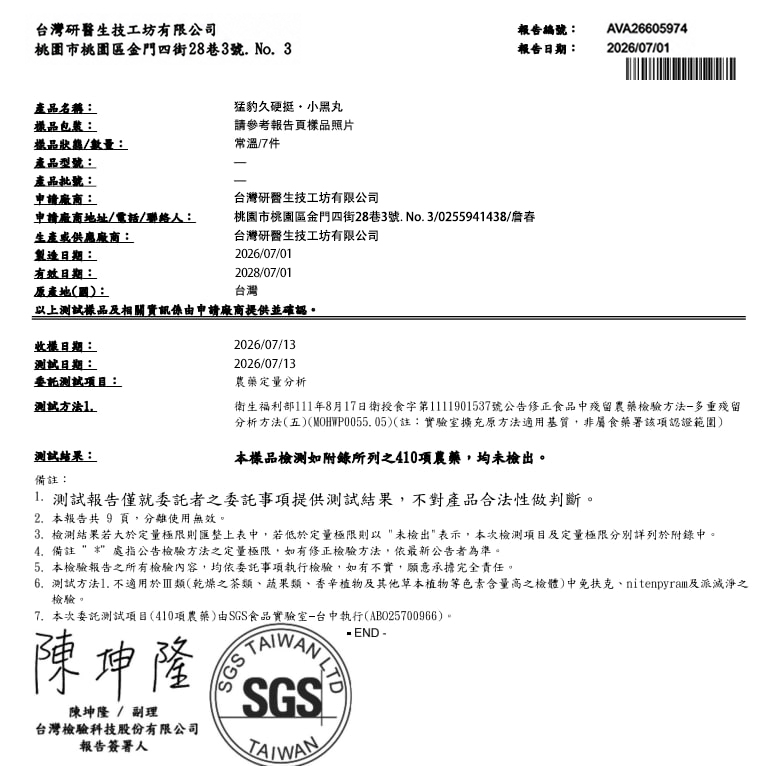 SGS 410項農藥殘留檢驗合格報告