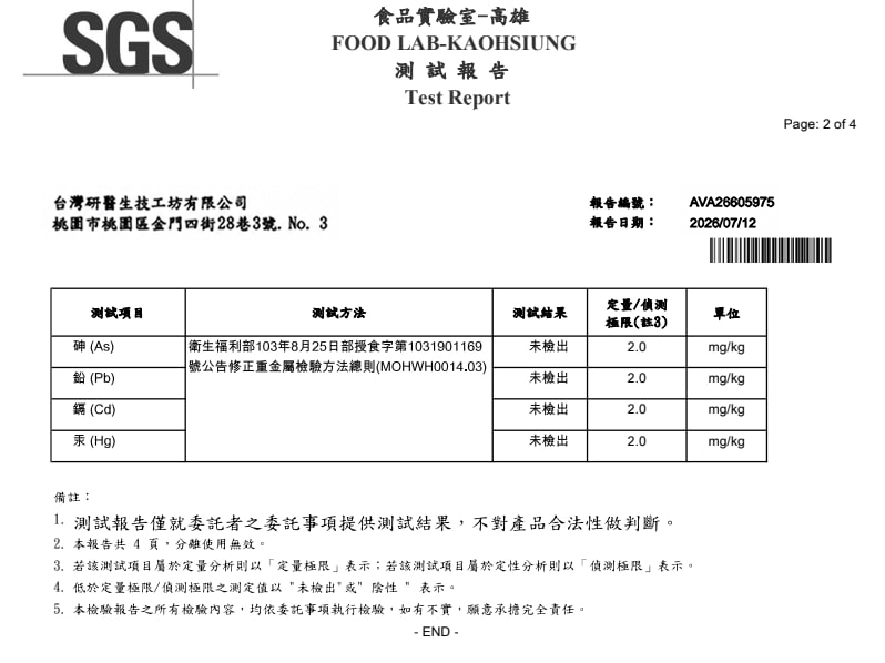 SGS 重金屬檢測合格報告