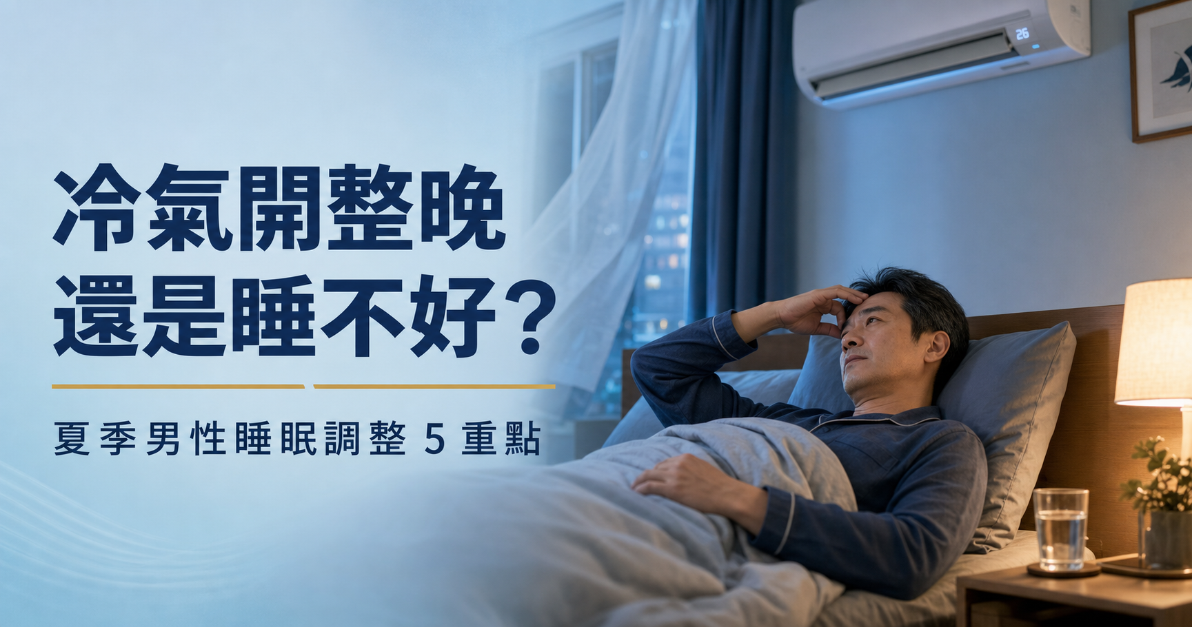 男性夏天在冷氣房睡眠與冷氣溫度調整示意圖