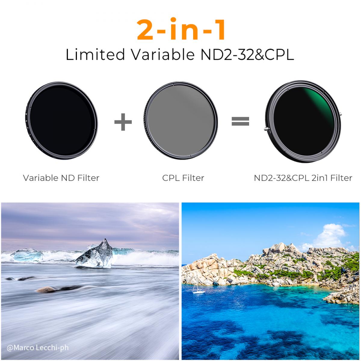 ND2-ND32 (1-5 Stop) Variable ND Filter and CPL Circular Polarizing Filter 2 in 1 for Camera Lens Nano X Series