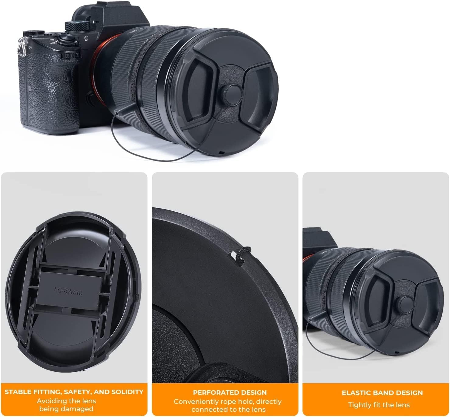 K&F Concept 82mm Lens Cap, 9-in-1 Center Pinch Lens Cover + Anti-Loss Keeper Leash + Microfiber Cleaning Cloth Kits Compatible with Nikon, Canon, Sony, Fujifilm Camera Lenses