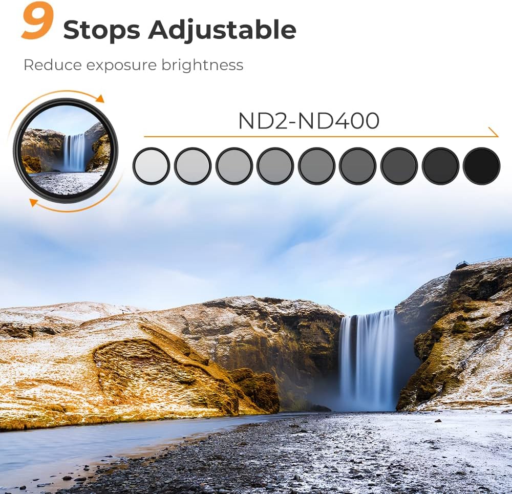 K&F  Variable ND2-ND400 ND Lens Filter (1-9 Stops) for Camera Lens, Adjustable Neutral Density Filter with Microfiber Cleaning Cloth (B-Series)