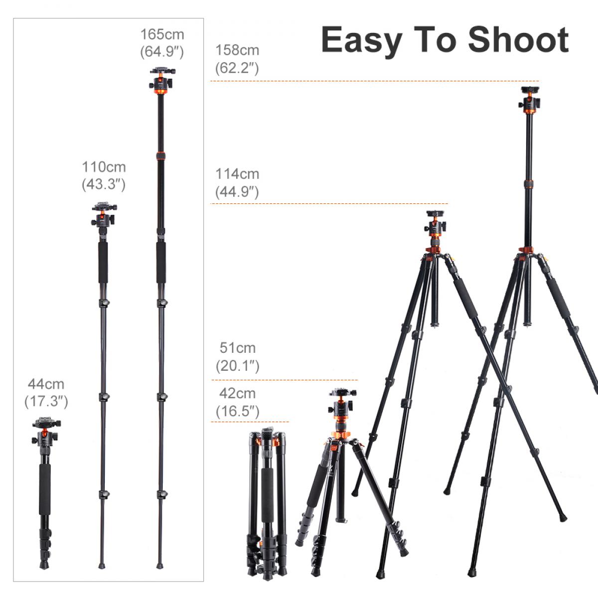 62''/1.6m Aluminum Tripod Detachable Monopod with Quick Release Plate, Ball Head and Compact Travel Carrying Bag SA254M1 for DSLR K254A1+BH-28L (SA254M1)