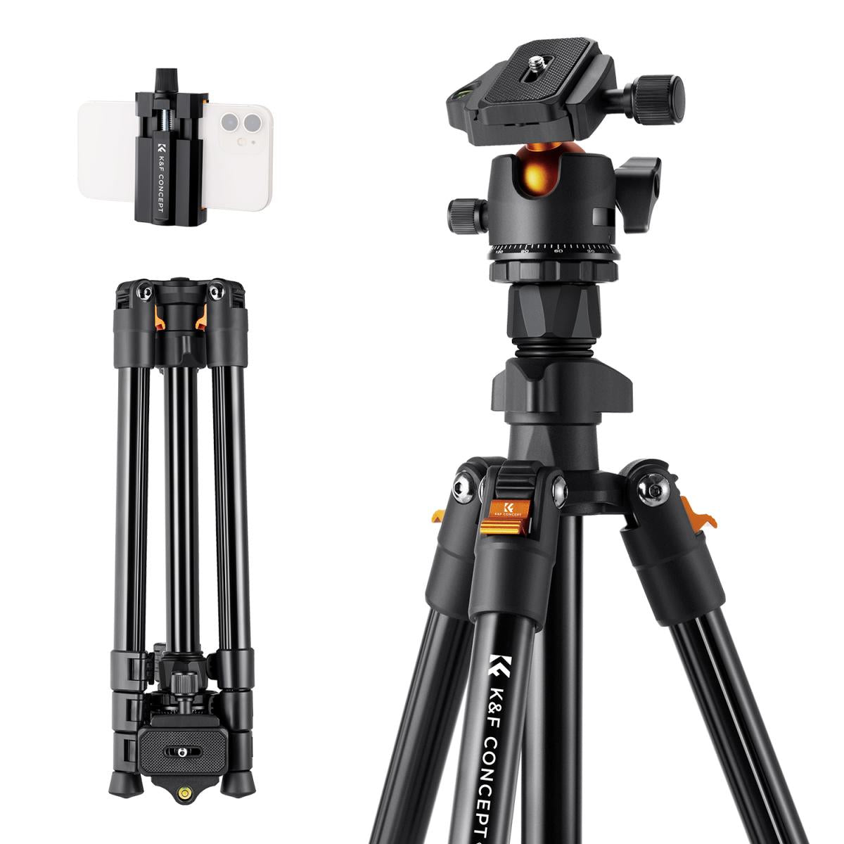 64"/1.6m Lightweight Aluminum Travel Tripod Compact Vlog Camera Tripod Flexible & Portable 17.6lbs/8kg Load with Portable, for DSLR Cameras K234A0+BH-28L