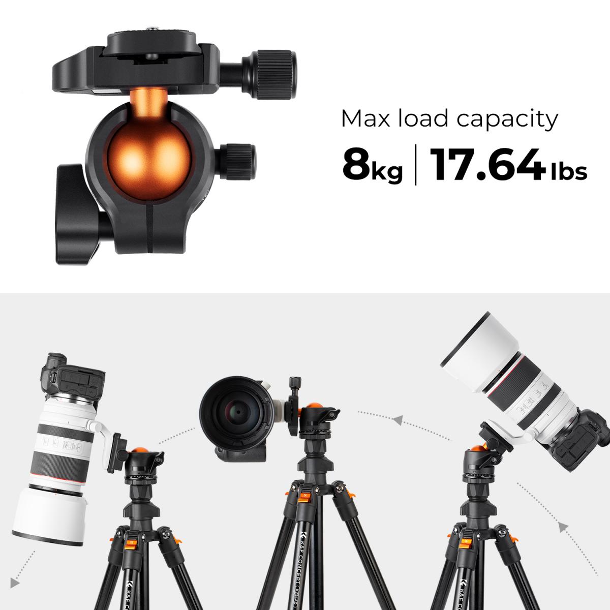 64"/1.6m Lightweight Aluminum Travel Tripod Compact Vlog Camera Tripod Flexible & Portable 17.6lbs/8kg Load with Portable, for DSLR Cameras K234A0+BH-28L