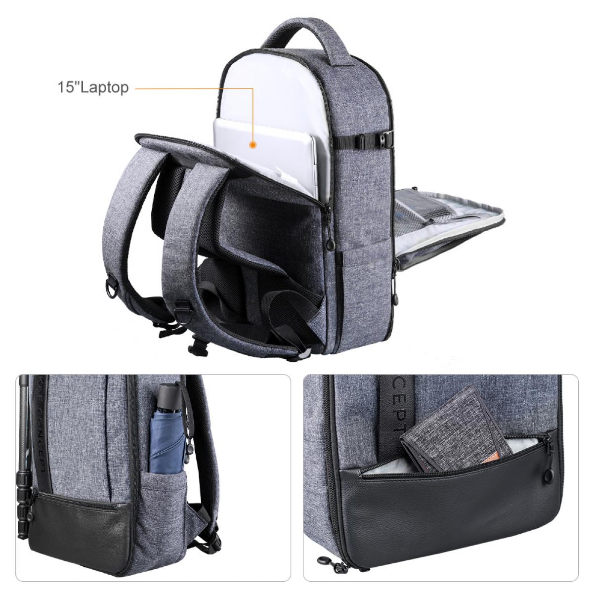 Large Camera Backpack DSLR/SLR Camera Bag Fits 14-15 Inch Laptop 15L with Tripod Holder&Laptop Compartment Compatible with Canon/Nikon/Sony/Olympus Black + Grey