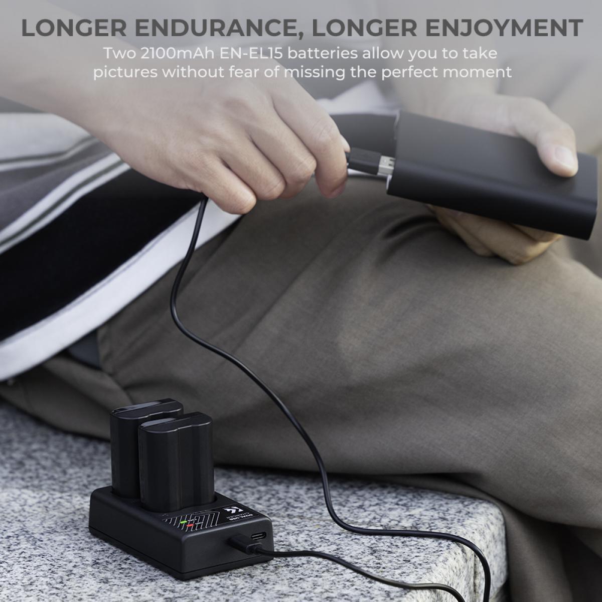 Nikon EN EL15 Battery rechargeable 2 pcs dual slot battery charger kit,Camera Battery compatible with Nikon D7000, D7100, D7200, D750, D850, D810, D800, D800E, D750, D610, D600, D500, 1 V1,Shipping country: USA/UK/Canada/EU