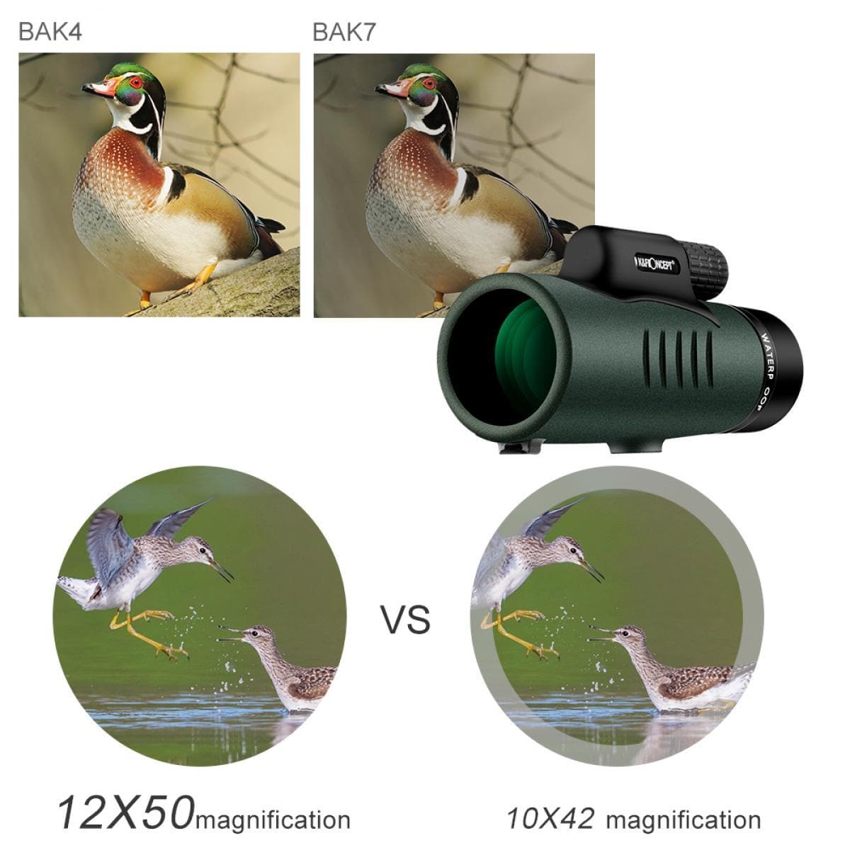 F&K® 12X50 BAK4 IP68 Waterproof Prism Monocular and Smartphone Adapter Kit Low Light Night Vision for Bird Watching, Hunting, Camping,Travelling and Concerts