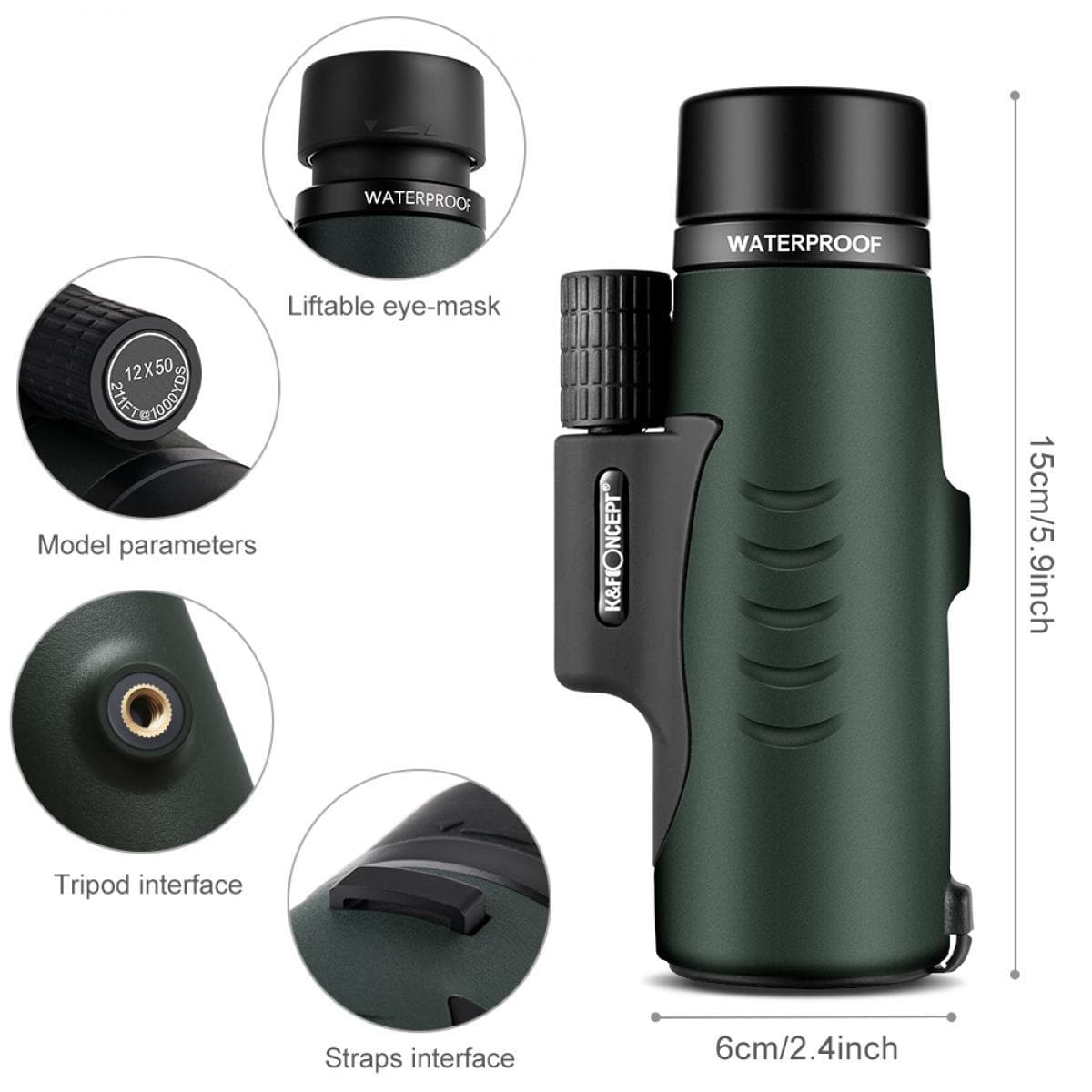 F&K® 12X50 BAK4 IP68 Waterproof Prism Monocular and Smartphone Adapter Kit Low Light Night Vision for Bird Watching, Hunting, Camping,Travelling and Concerts