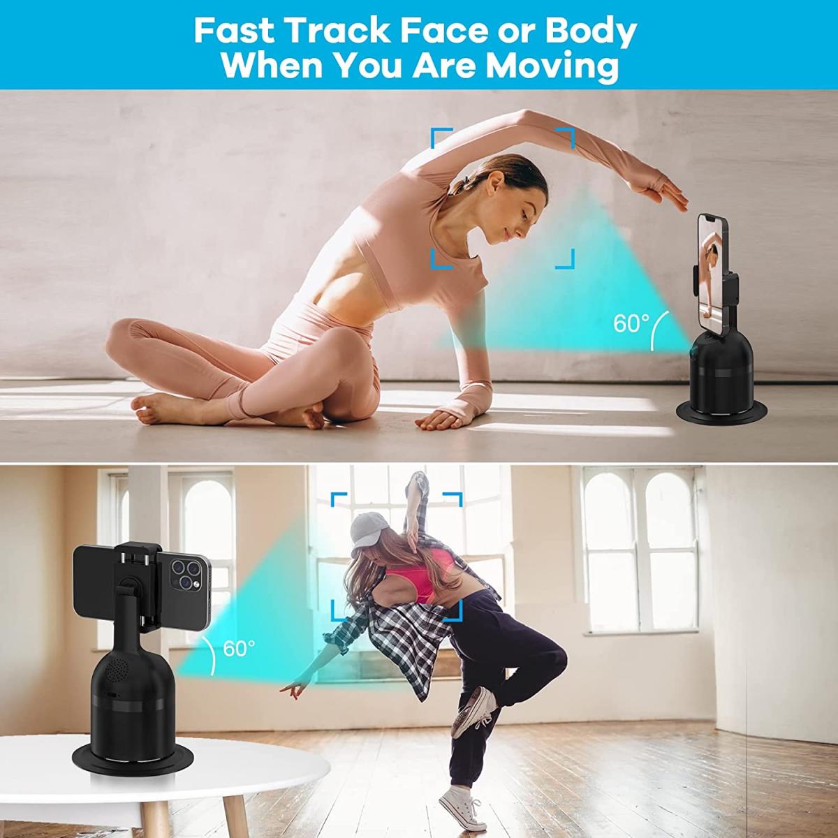 Automatic face tracking tripod, rechargeable face tracking phone holder, no app required, hands-free, 360° rotating instant shot tracking holder tripod for vlogging, live streaming, video calling