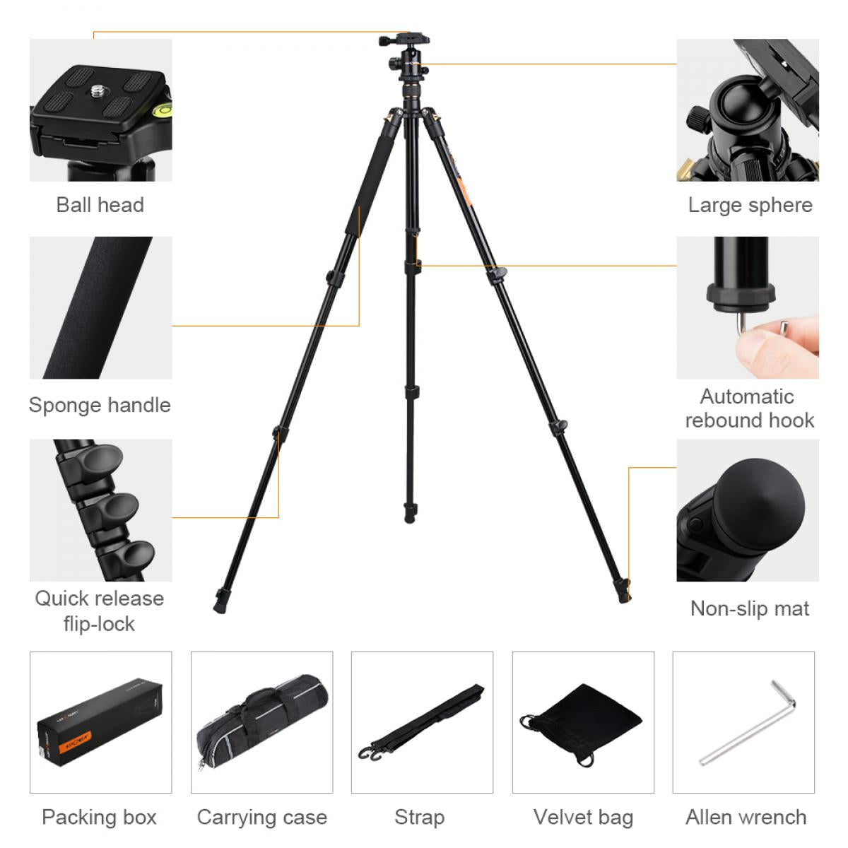 Lightweight Travel Tripod Camera Tripod 63.8''/162cm 10kg/22lbs Load Capacity 360�� Panorama Ball Head for Canon Sony Nikon SLR DSLR B234A1+BH-28