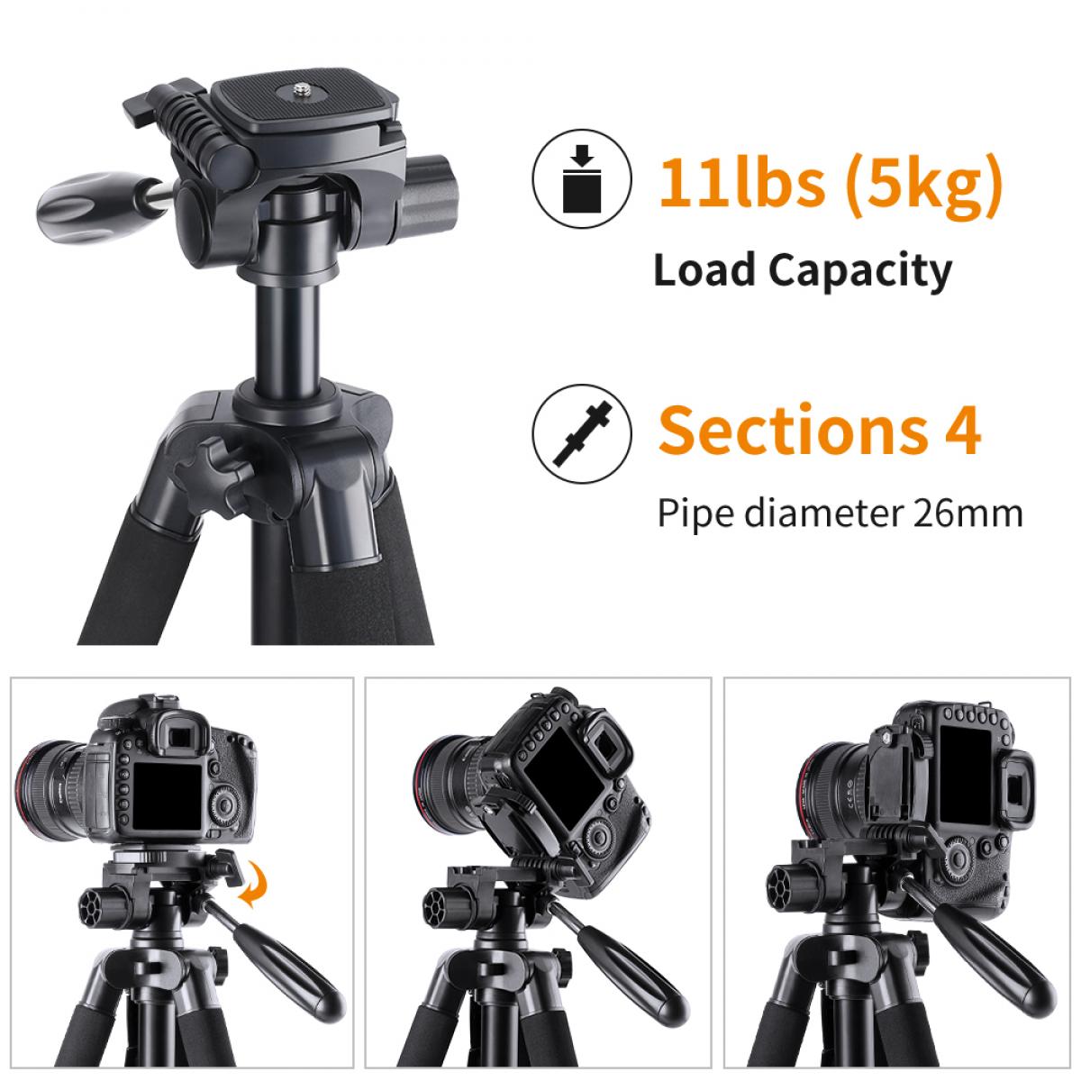 TM2624L 69.7‘’/177cm Camera Tripod 8.8lbs Load Phone Tripod with 3-Way Pan Head & Detachable Monopod for DSLR