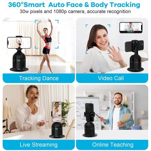 Automatic face tracking tripod, rechargeable face tracking phone holder, no app required, hands-free, 360° rotating instant shot tracking holder tripod for vlogging, live streaming, video calling
