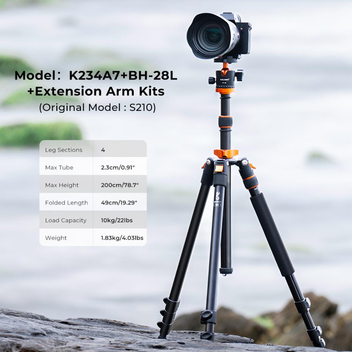 78"/2m Overhead Aluminum DSLR Tripod Compact Portable Vlog Tripod Monopod 22lbs/10kg Load with Rotatable 360° Center Column K234A7+BH-28L (S210)