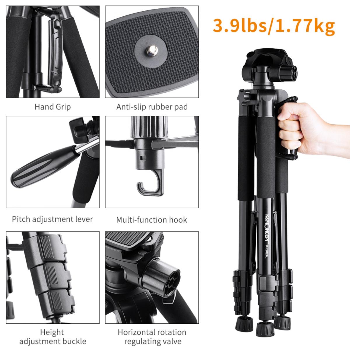 TM2624L 69.7‘’/177cm Camera Tripod 8.8lbs Load Phone Tripod with 3-Way Pan Head & Detachable Monopod for DSLR