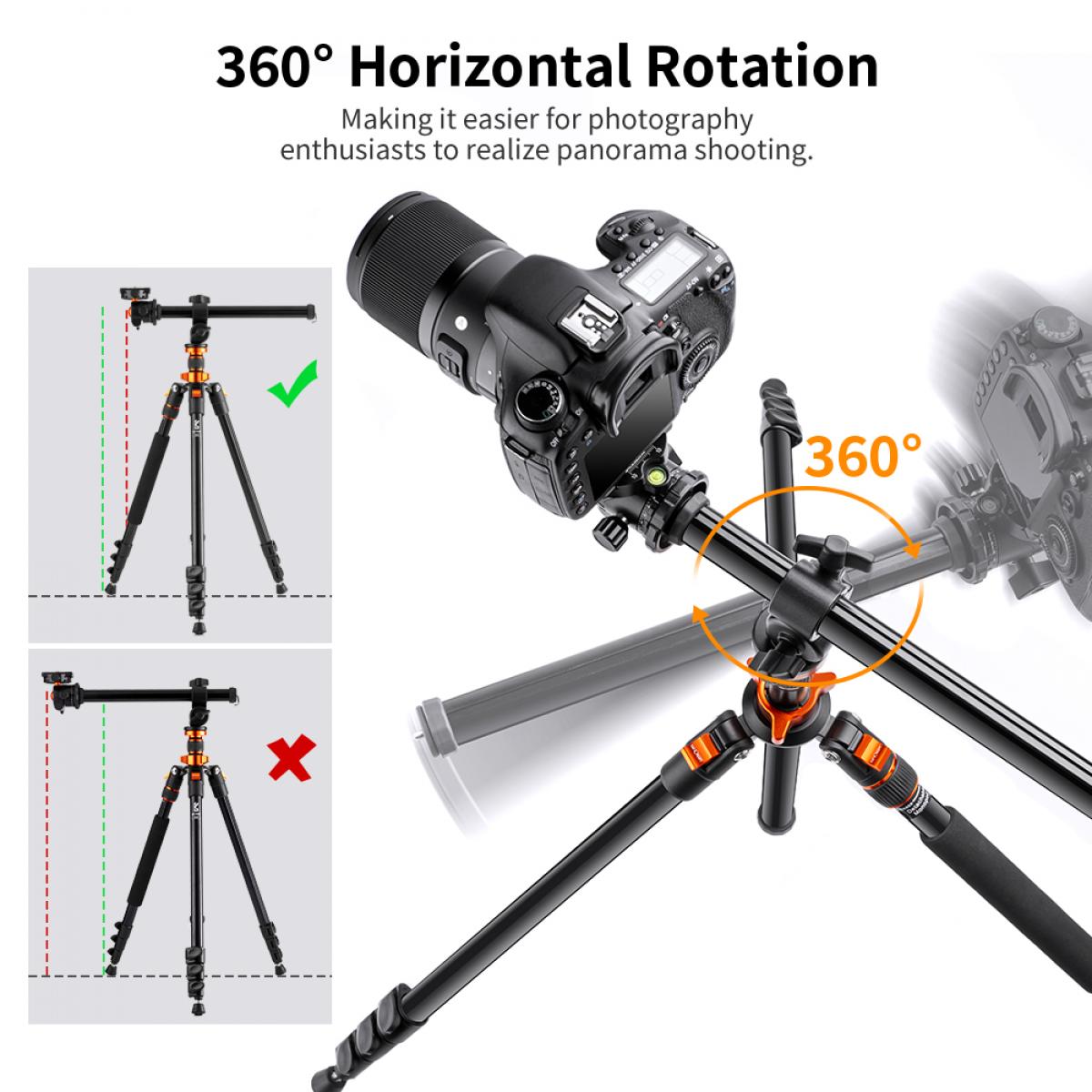 78"/2m Overhead Aluminum DSLR Tripod Compact Portable Vlog Tripod Monopod 22lbs/10kg Load with Rotatable 360° Center Column K234A7+BH-28L (S210)