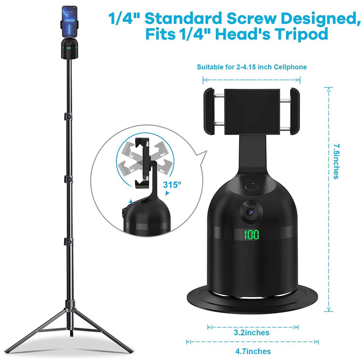 Automatic face tracking tripod, rechargeable face tracking phone holder, no app required, hands-free, 360° rotating instant shot tracking holder tripod for vlogging, live streaming, video calling