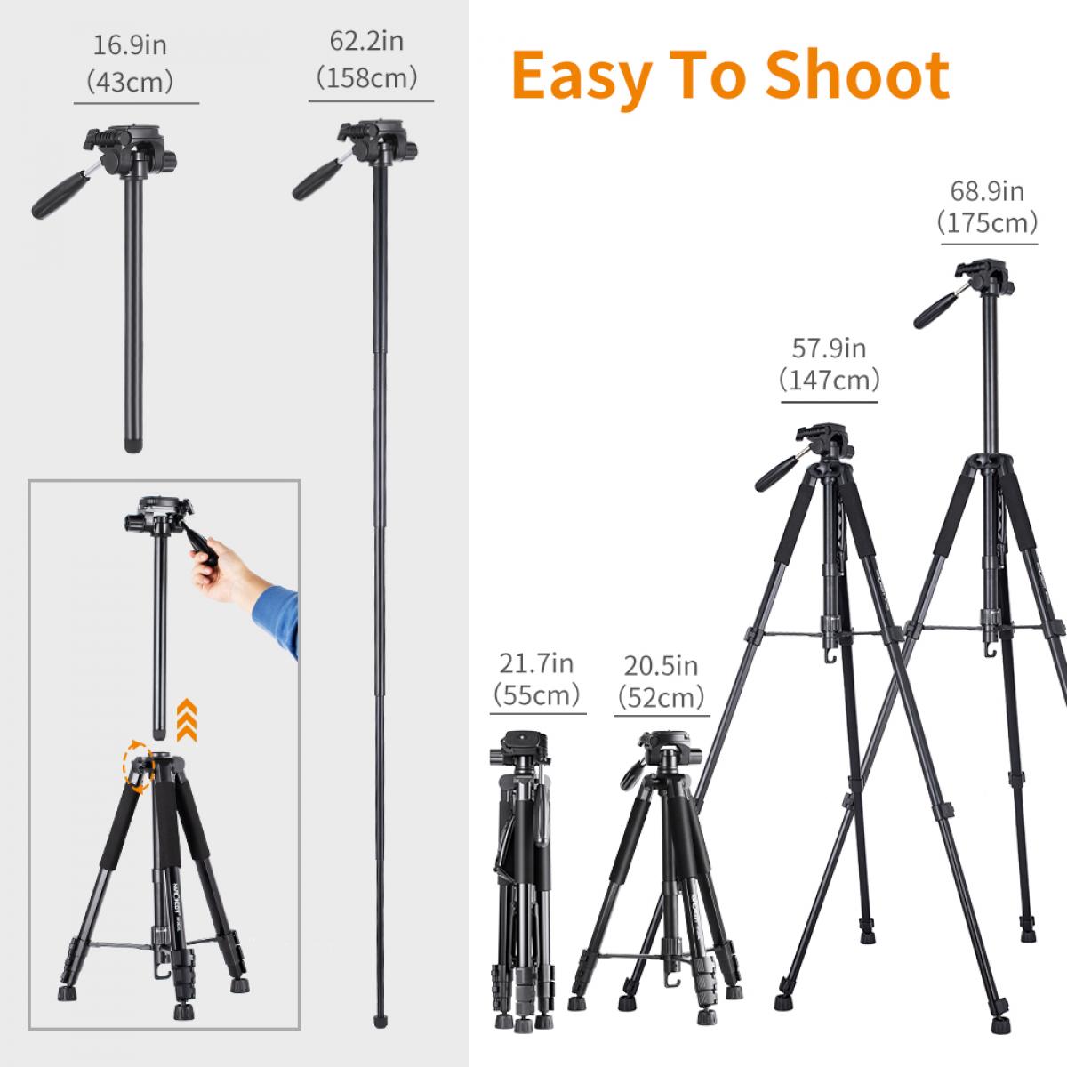 TM2624L 69.7‘’/177cm Camera Tripod 8.8lbs Load Phone Tripod with 3-Way Pan Head & Detachable Monopod for DSLR