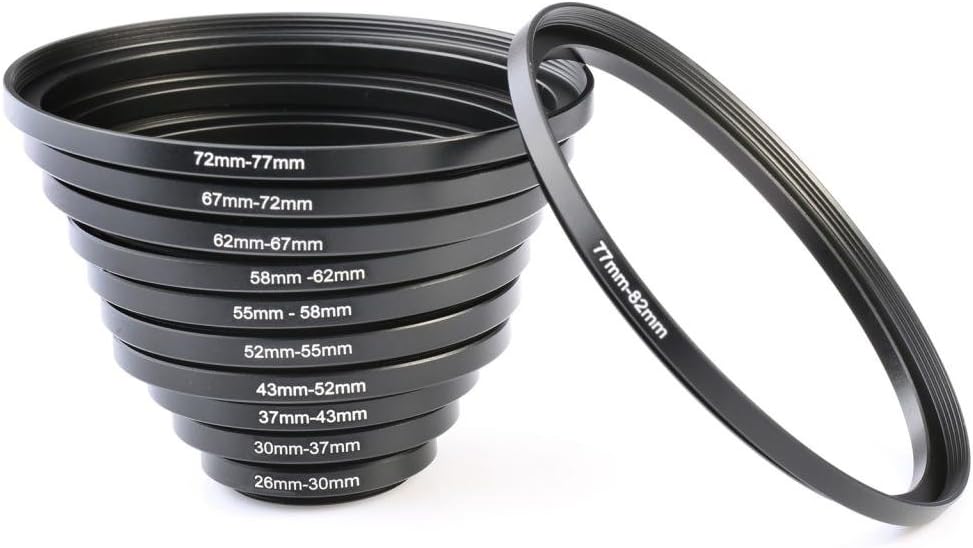 K&F  11pcs Metal Stepping Rings Step Up Ring Set 26-30MM 30-37MM 37-43MM 43-52MM 52-55MM 55-58MM 58-62MM 62-67MM 67-72MM 72-77MM 77-82MM Compatible with Canon Nikon DSLR Cameras Lens