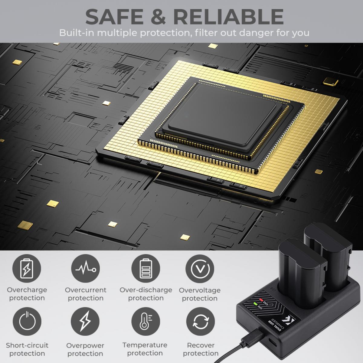 Nikon EN EL15 Battery rechargeable 2 pcs dual slot battery charger kit,Camera Battery compatible with Nikon D7000, D7100, D7200, D750, D850, D810, D800, D800E, D750, D610, D600, D500, 1 V1,Shipping country: USA/UK/Canada/EU