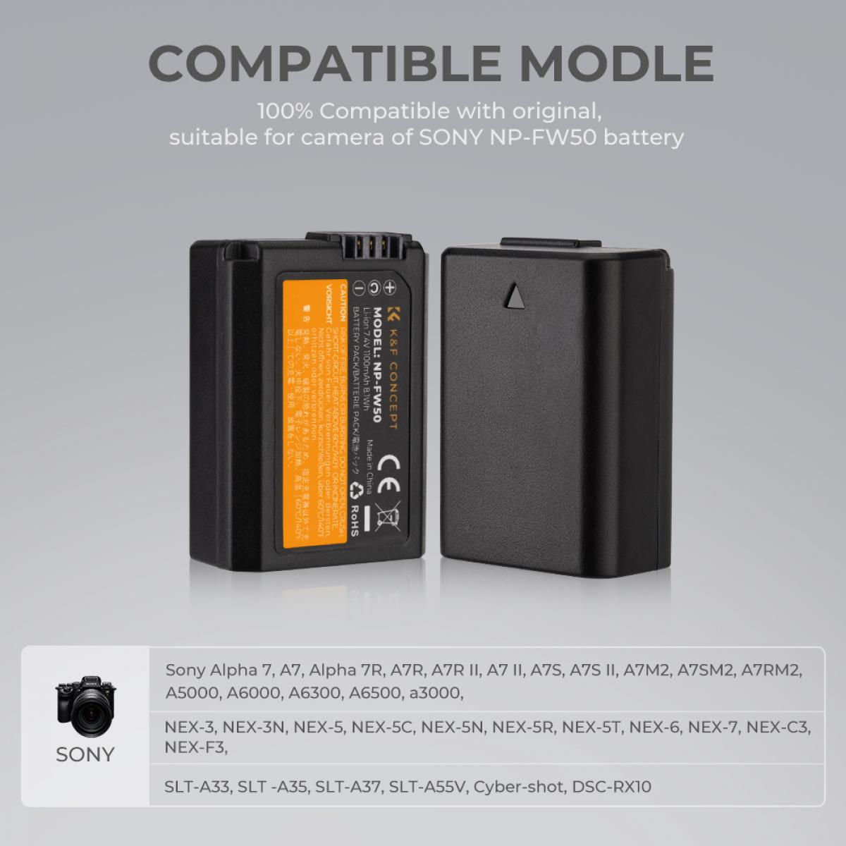 Sony NP-FW50 battery and dual slot battery charger kit for Camera Battery Sony Alpha 7, A7, Alpha 7R, A7R, A7R II, A7 II, A7S, A7S II, A7M2, A7SM2, A7RM2, A5000 A6000 A6300 A6500, a3000 , NEX-3, NEX-3N, NEX-5, NEX-5C, NEX-5N, NEX-5R