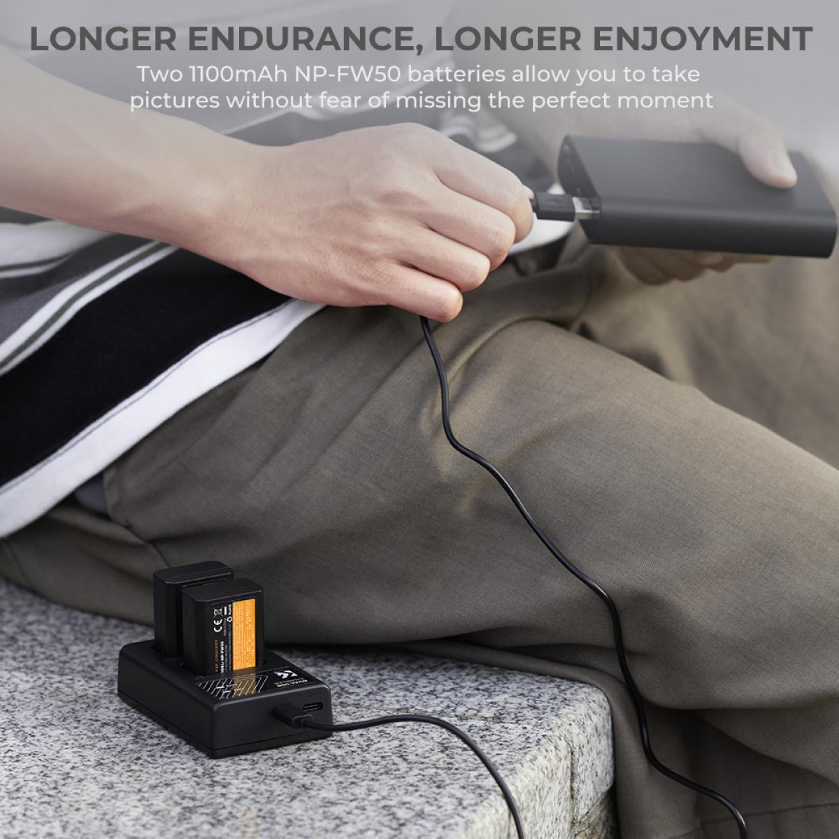 Sony NP-FW50 battery and dual slot battery charger kit for Camera Battery Sony Alpha 7, A7, Alpha 7R, A7R, A7R II, A7 II, A7S, A7S II, A7M2, A7SM2, A7RM2, A5000 A6000 A6300 A6500, a3000 , NEX-3, NEX-3N, NEX-5, NEX-5C, NEX-5N, NEX-5R