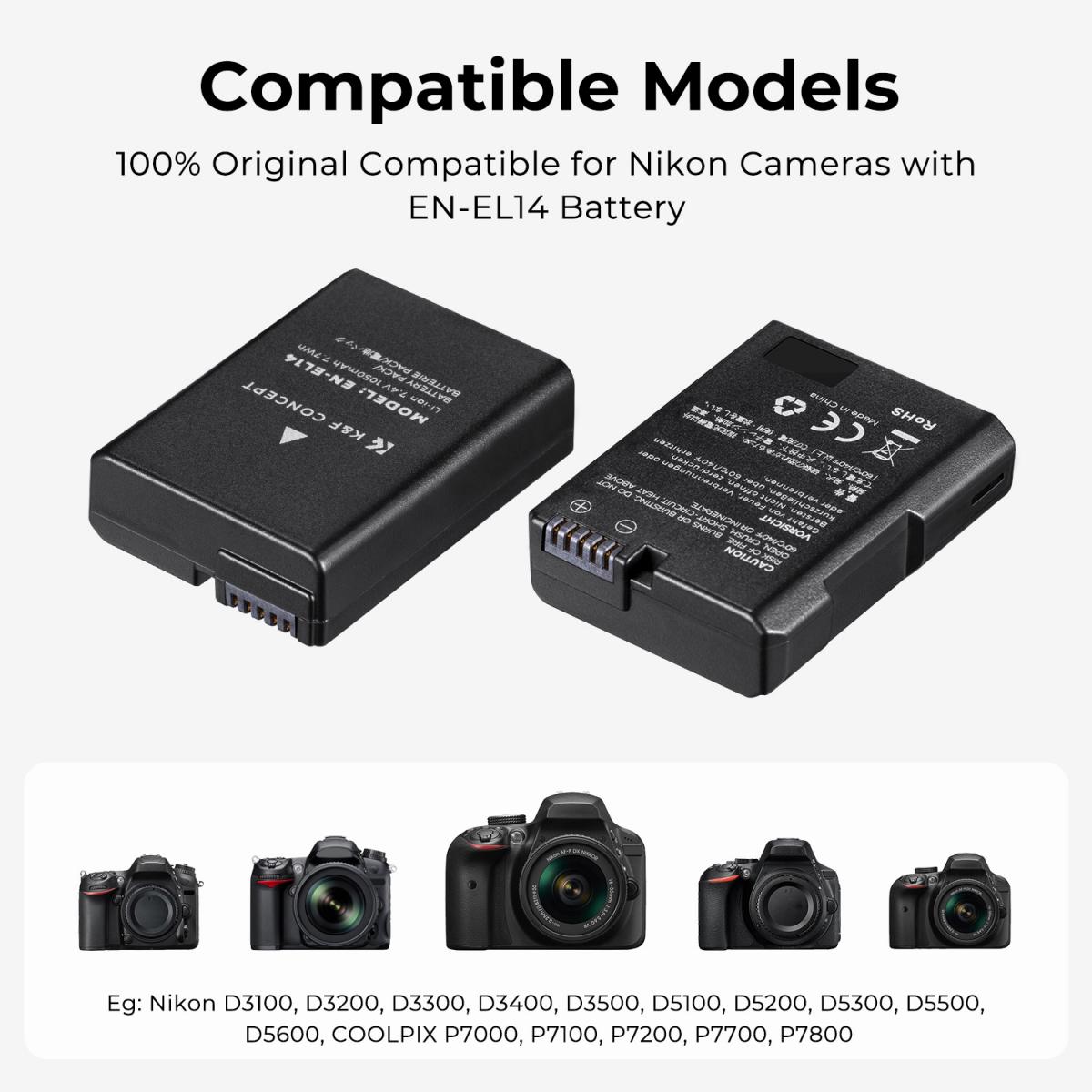 Nikon EN-EL14 Battery Charger Set for Camera BatteryNikon D3500 D5600 D3200 D3300 D3400 D5500 Coolpix P7800 P7700 P7200 P7100 P7000 (2 pieces, 1050mAh, dual charging ports),Shipping country: USA/UK/Canada/EU