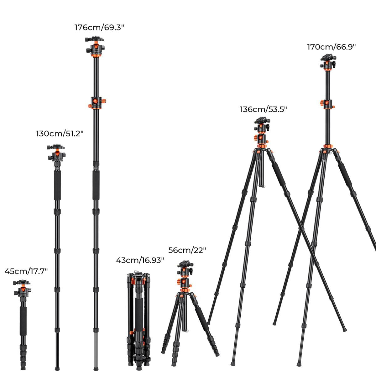 67”/1.7m Aluminum Video Camera Tripod Transverse Center Column 35lbs/16KG Load Capacity Portable Monopod with 36mm Ball Head Quick Release Plate, for Travel and Work T255A4+BH-36L