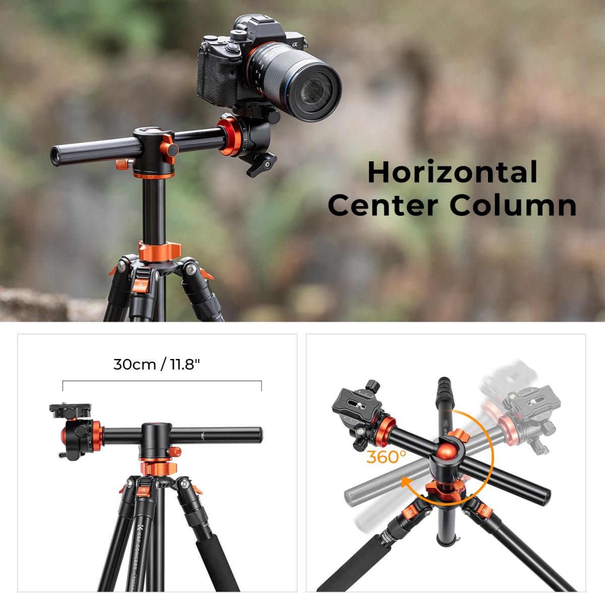 67”/1.7m Aluminum Video Camera Tripod Transverse Center Column 35lbs/16KG Load Capacity Portable Monopod with 36mm Ball Head Quick Release Plate, for Travel and Work T255A4+BH-36L
