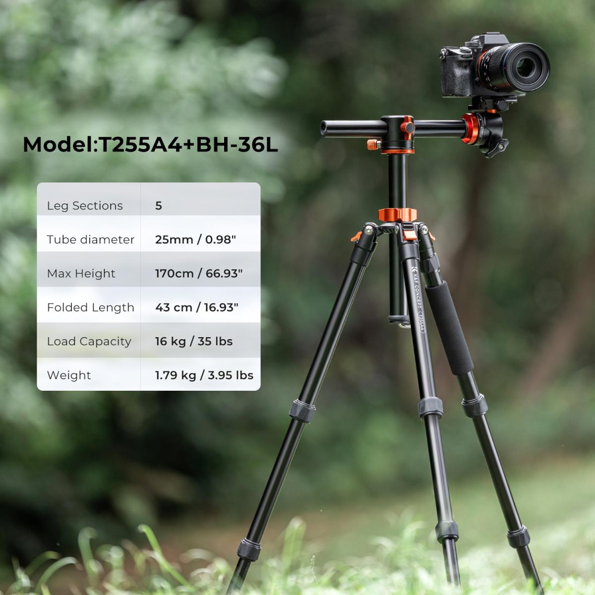 67”/1.7m Aluminum Video Camera Tripod Transverse Center Column 35lbs/16KG Load Capacity Portable Monopod with 36mm Ball Head Quick Release Plate, for Travel and Work T255A4+BH-36L