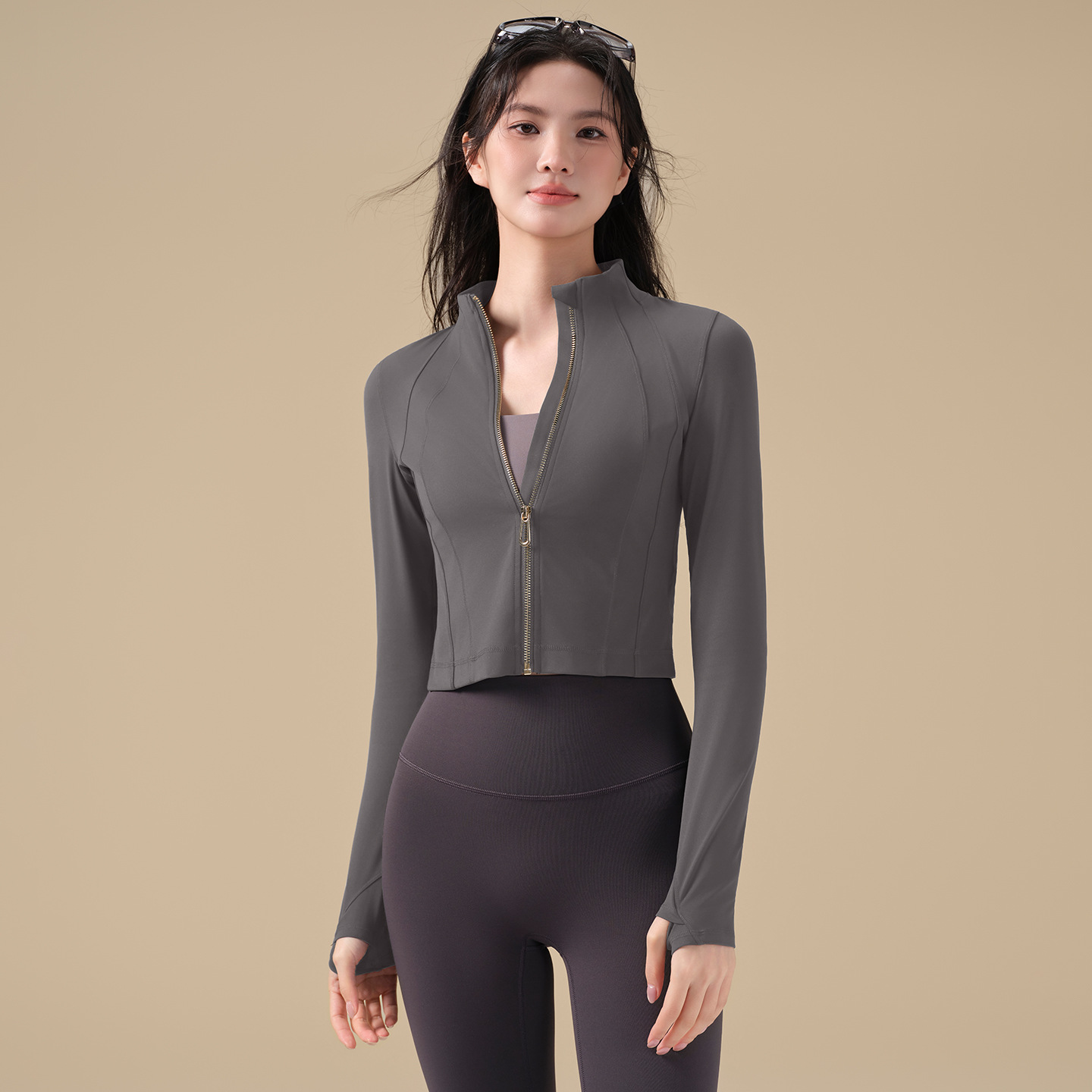 Stand up collar zipper waist sports running training fitness long sleeves