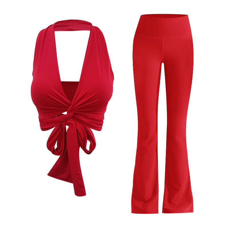 High-end temperament sexy strappy bra flared pants set