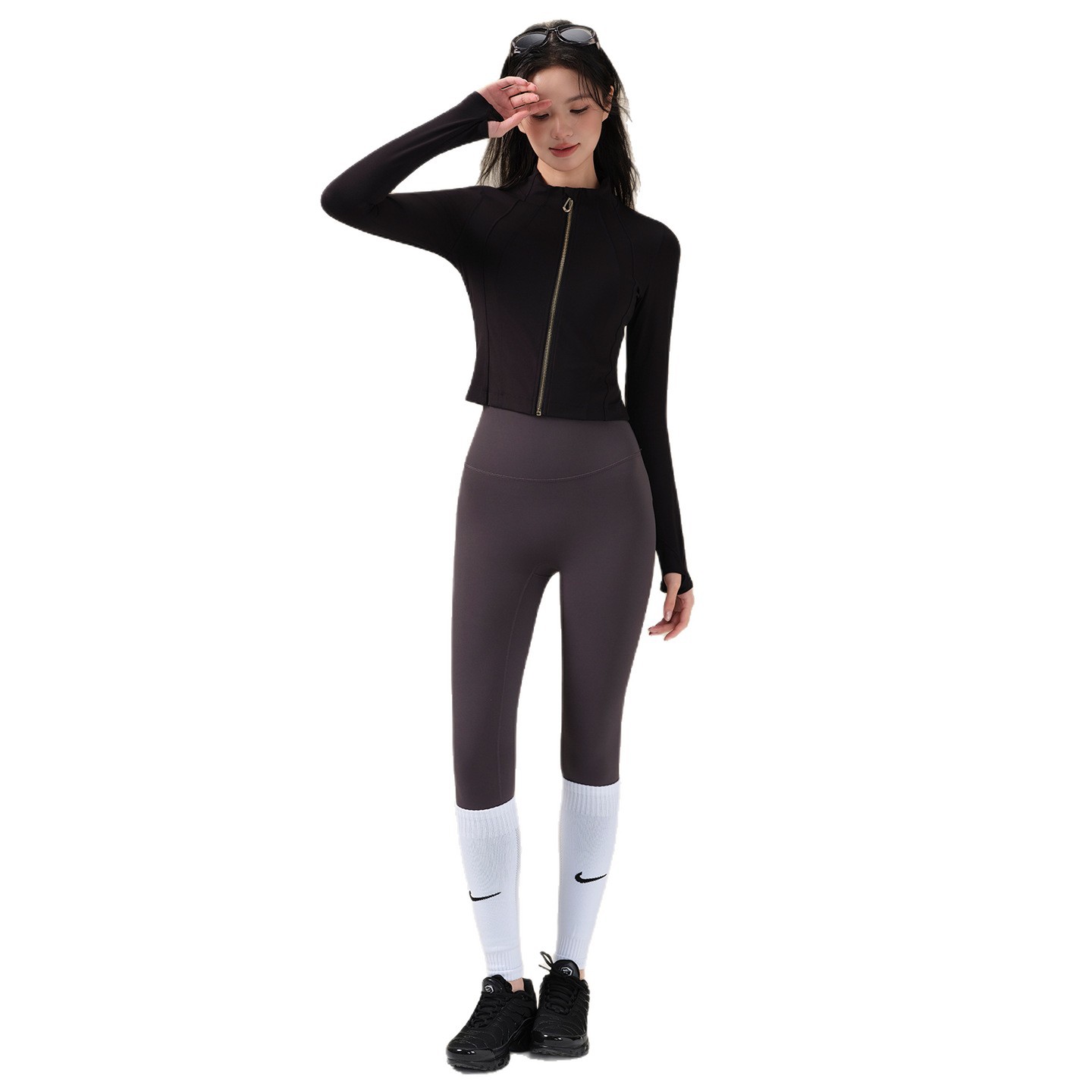 Stand up collar zipper waist sports running training fitness long sleeves
