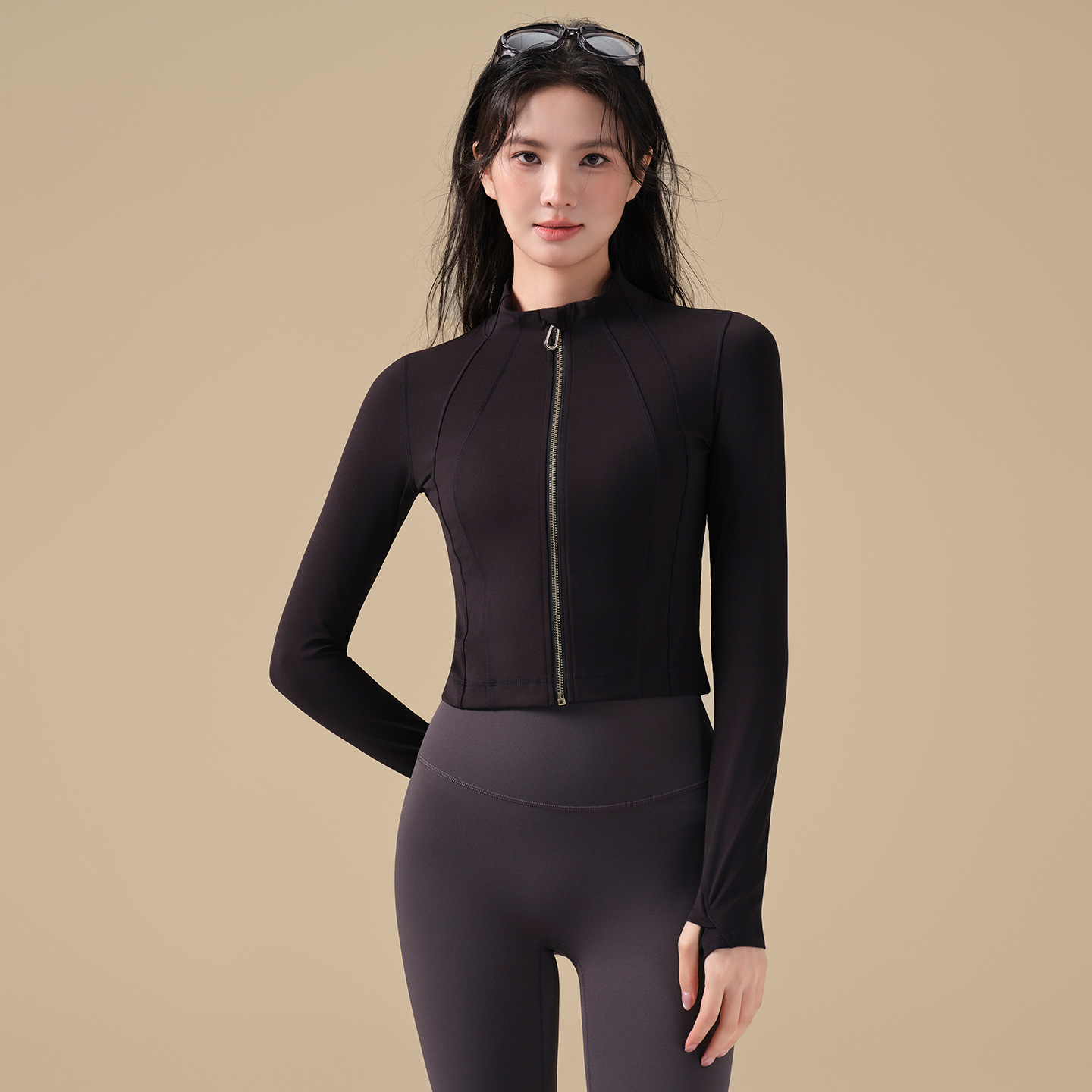 Stand up collar zipper waist sports running training fitness long sleeves