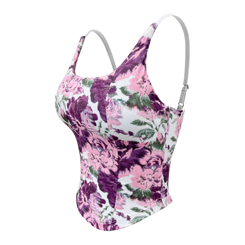A bare-feeling high-strength shock-absorbing skinny suspender floral bra