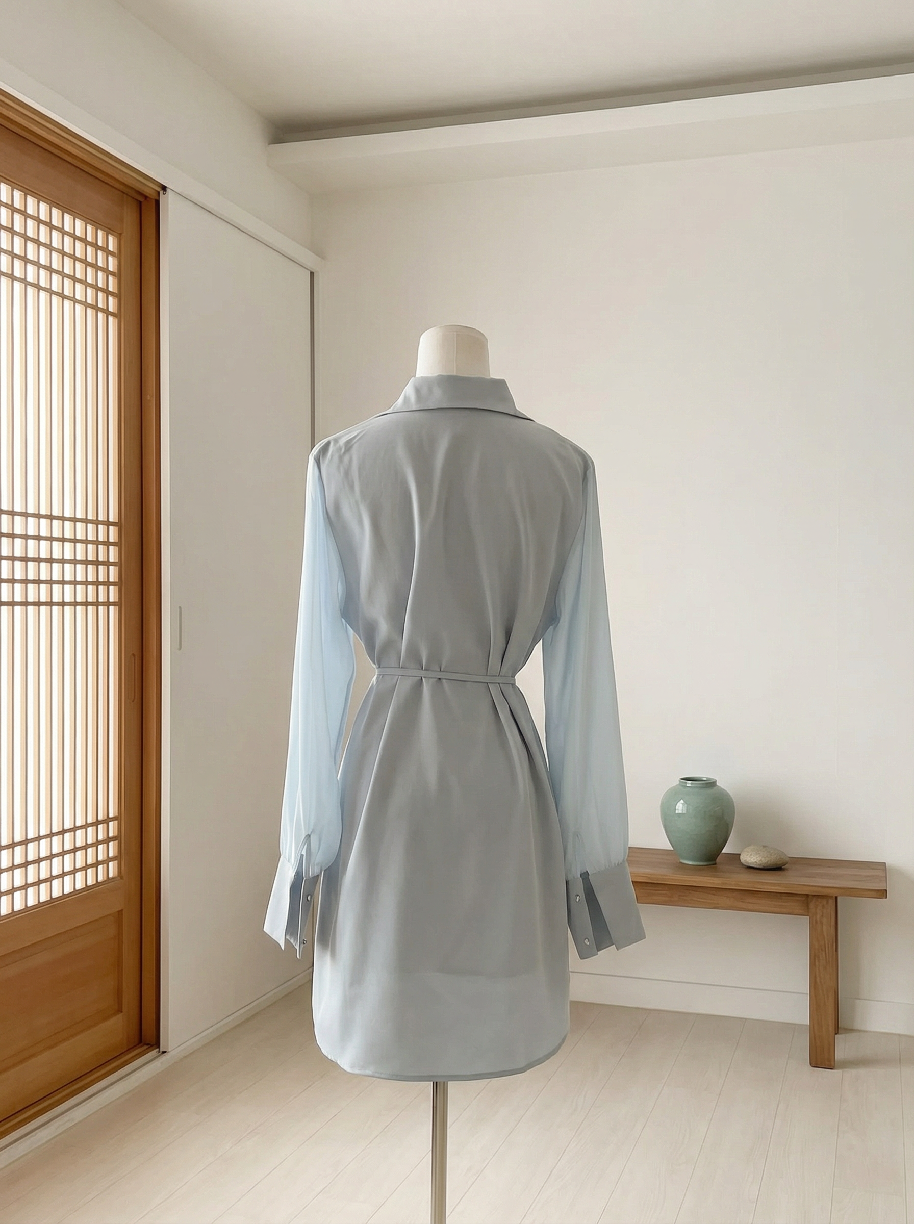 韩系V领宽松设计长袖连身裙  (ST21617)