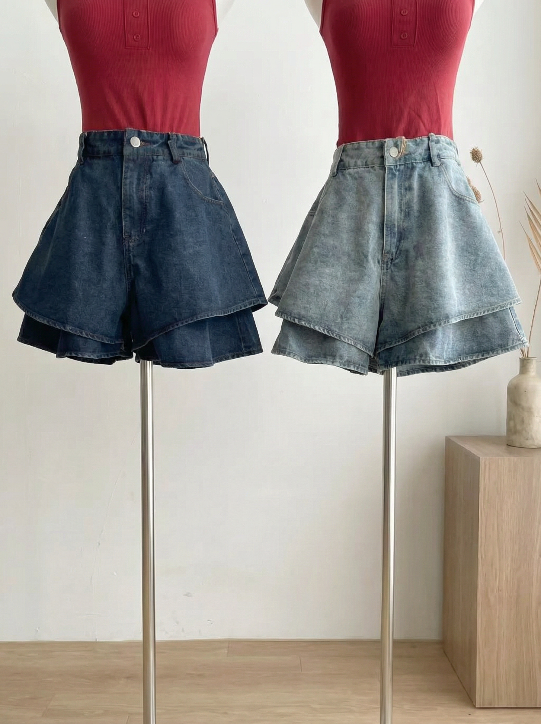 百搭假两件荷叶边阔腿高腰短裤 (J3585)