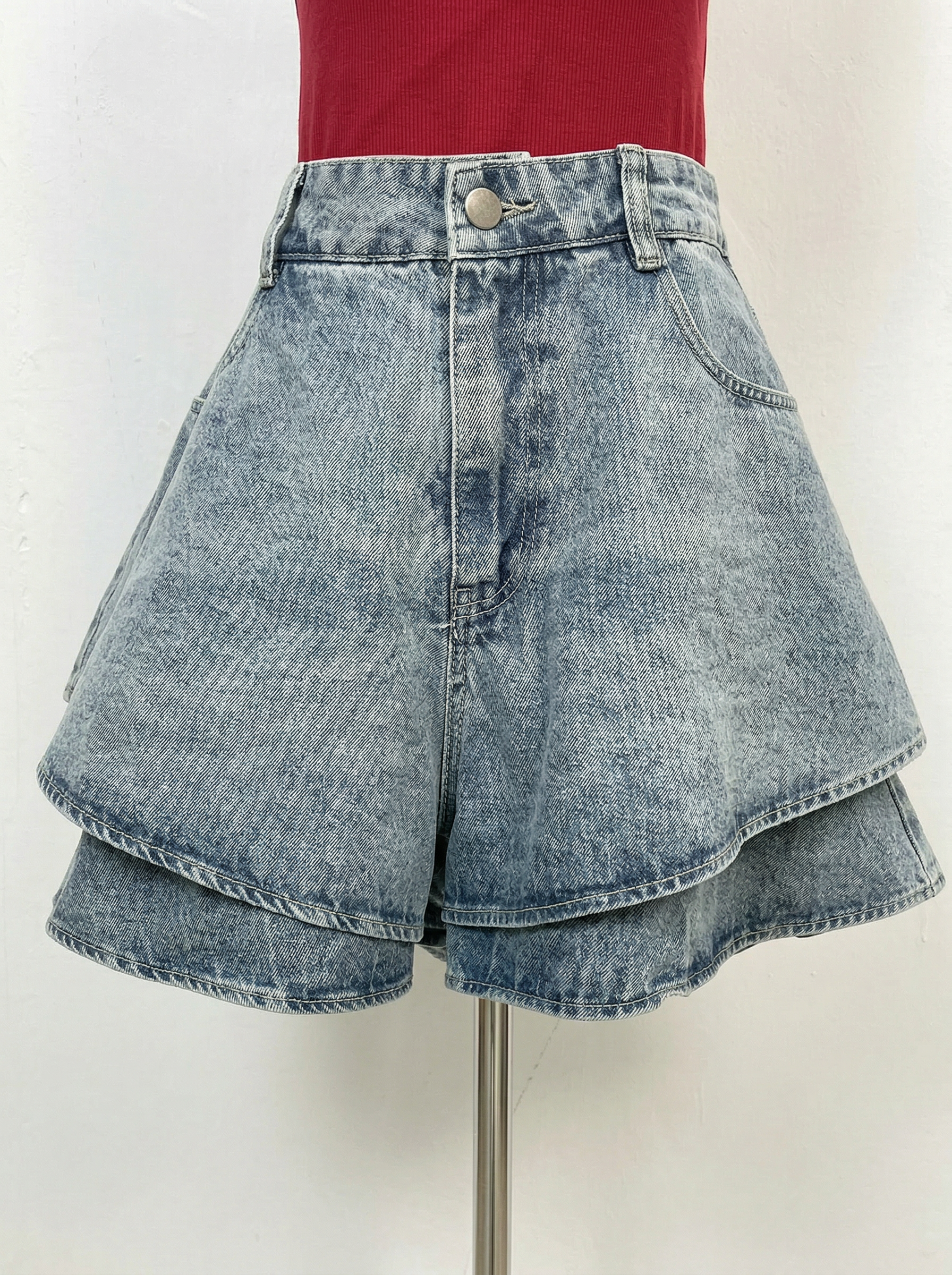 百搭假两件荷叶边阔腿高腰短裤 (J3585)