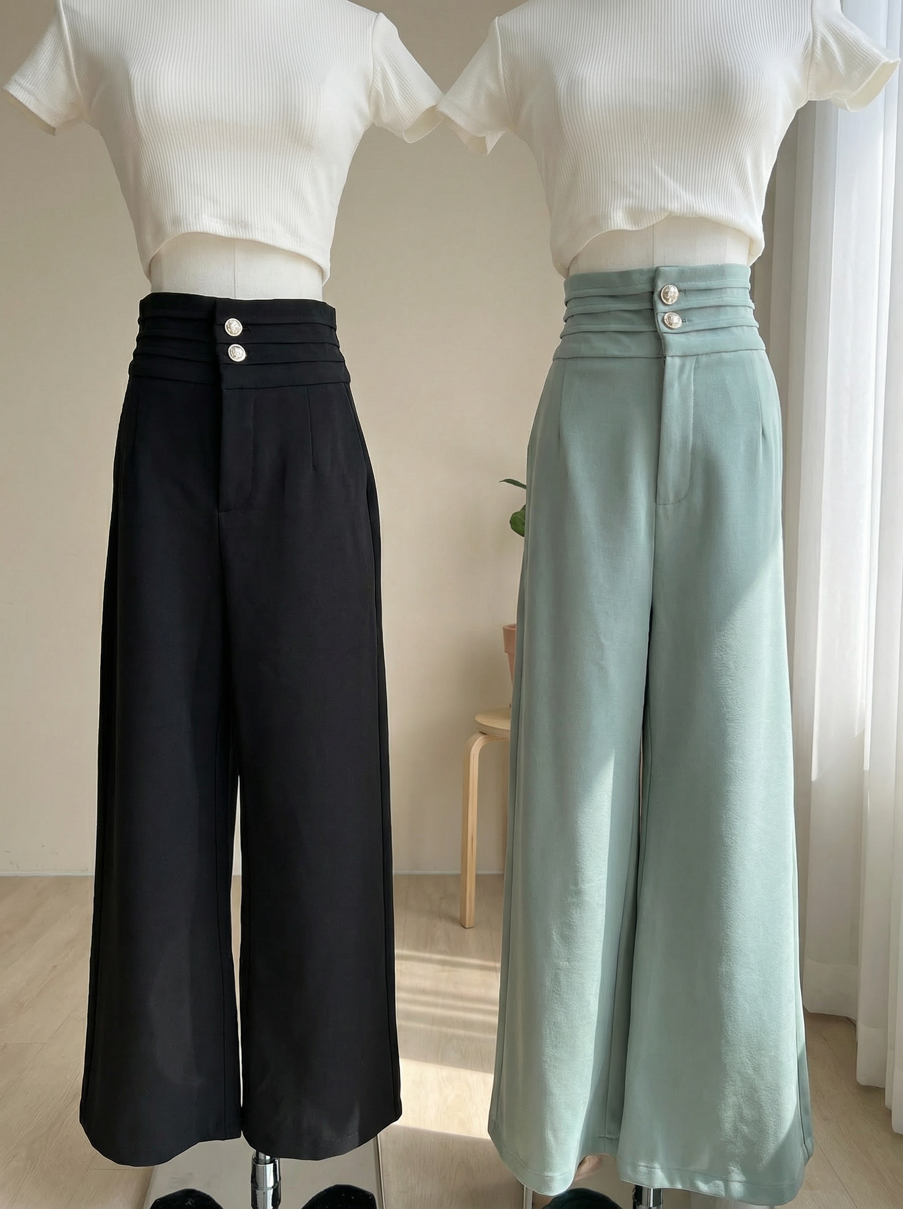 【LBP独家】高端银扣百褶设计阔腿长裤 (P40073)