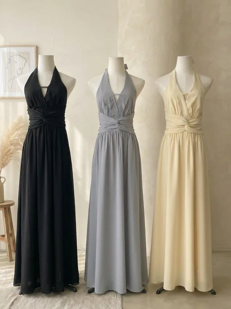 高级感V领系带设计挂脖连身裙 (ST21621)