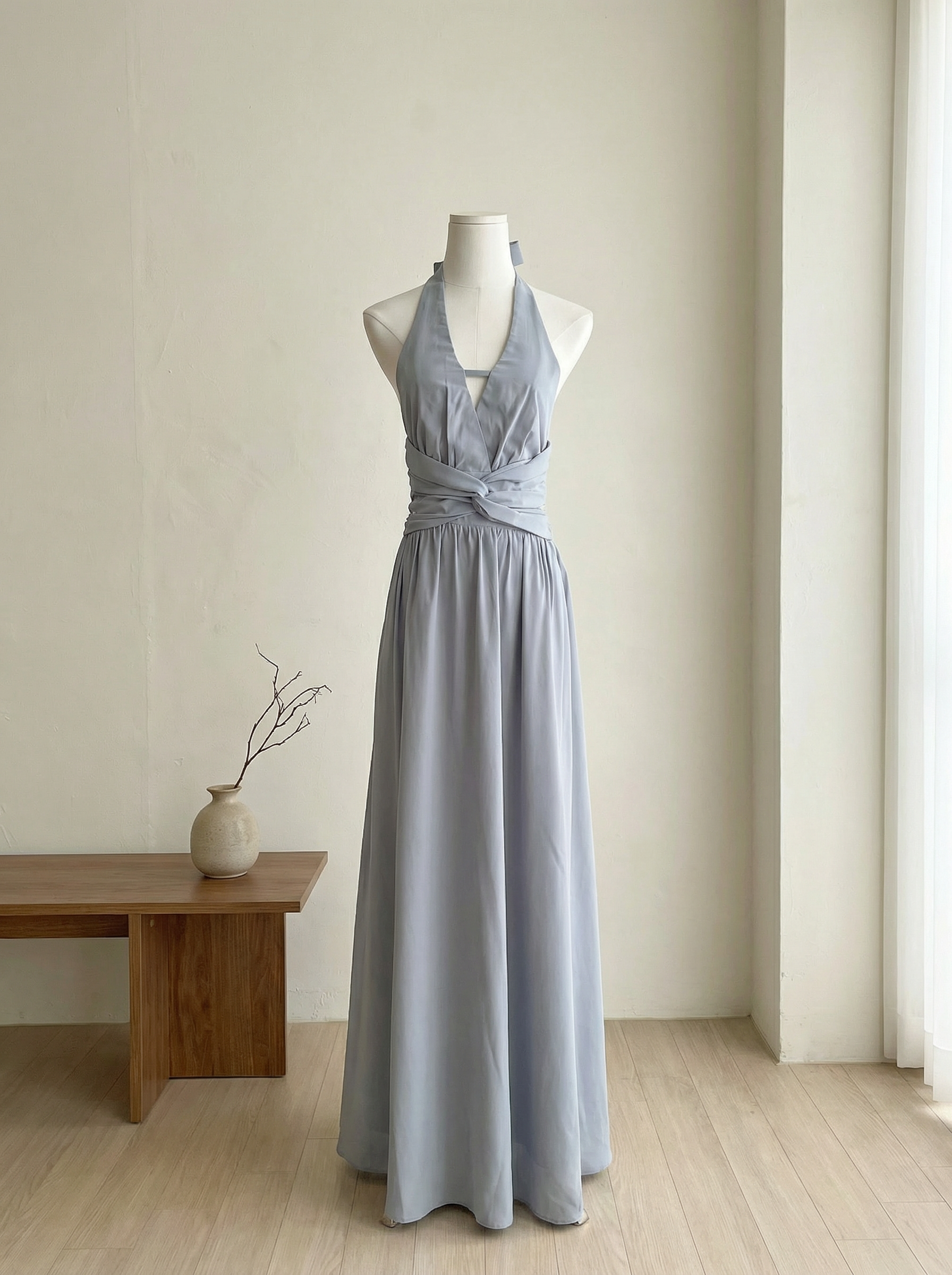 高级感V领系带设计挂脖连身裙 (ST21621)