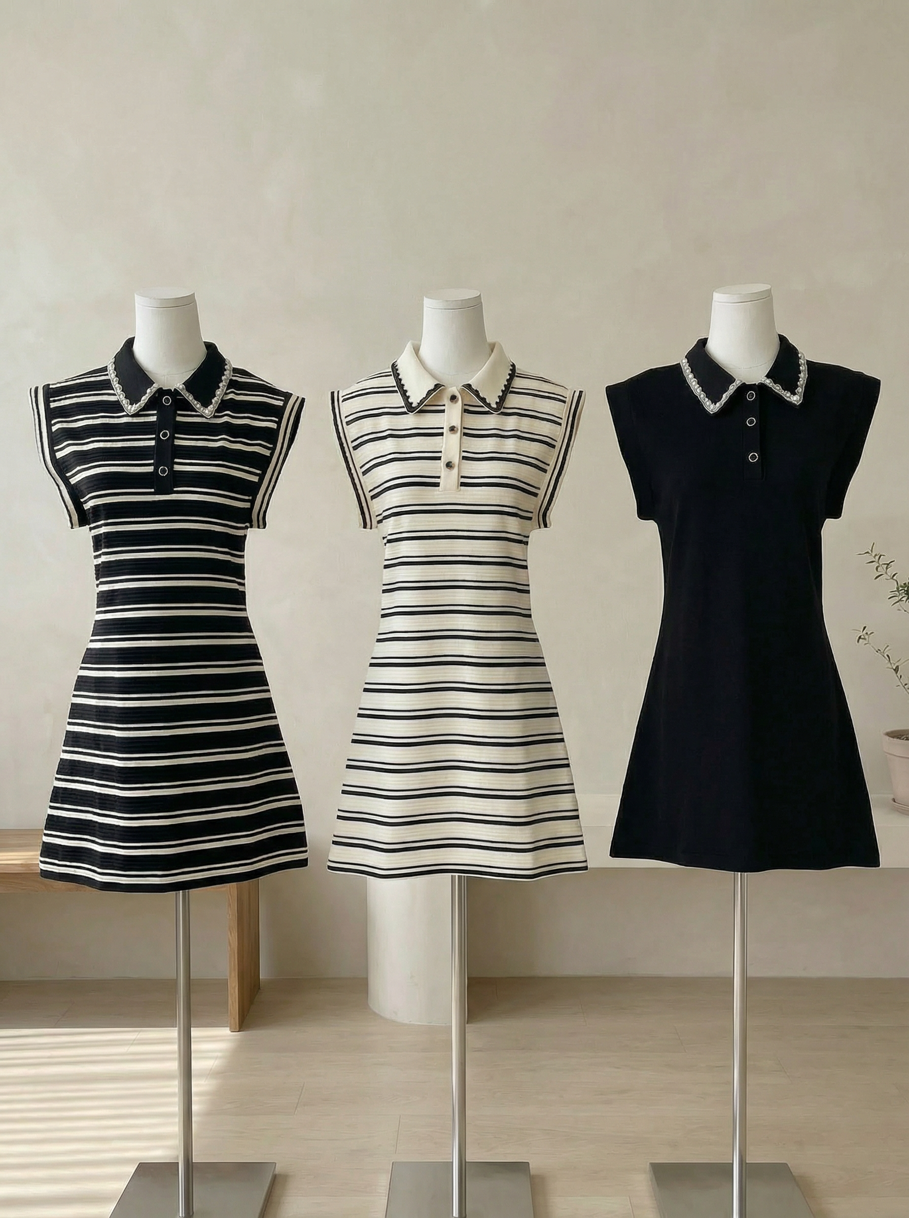 韩系翻领拼接蕾丝条纹连身裙 (ST21620)