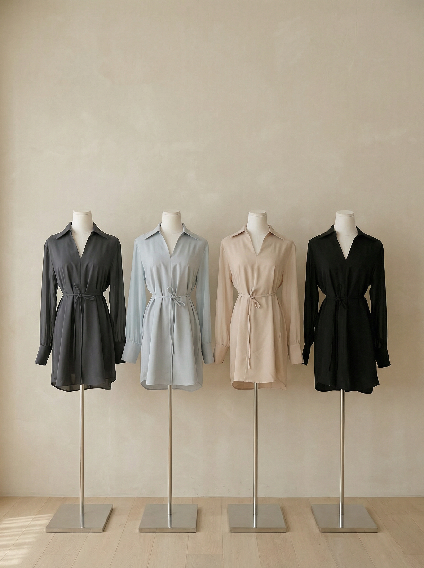 韩系V领宽松设计长袖连身裙  (ST21617)