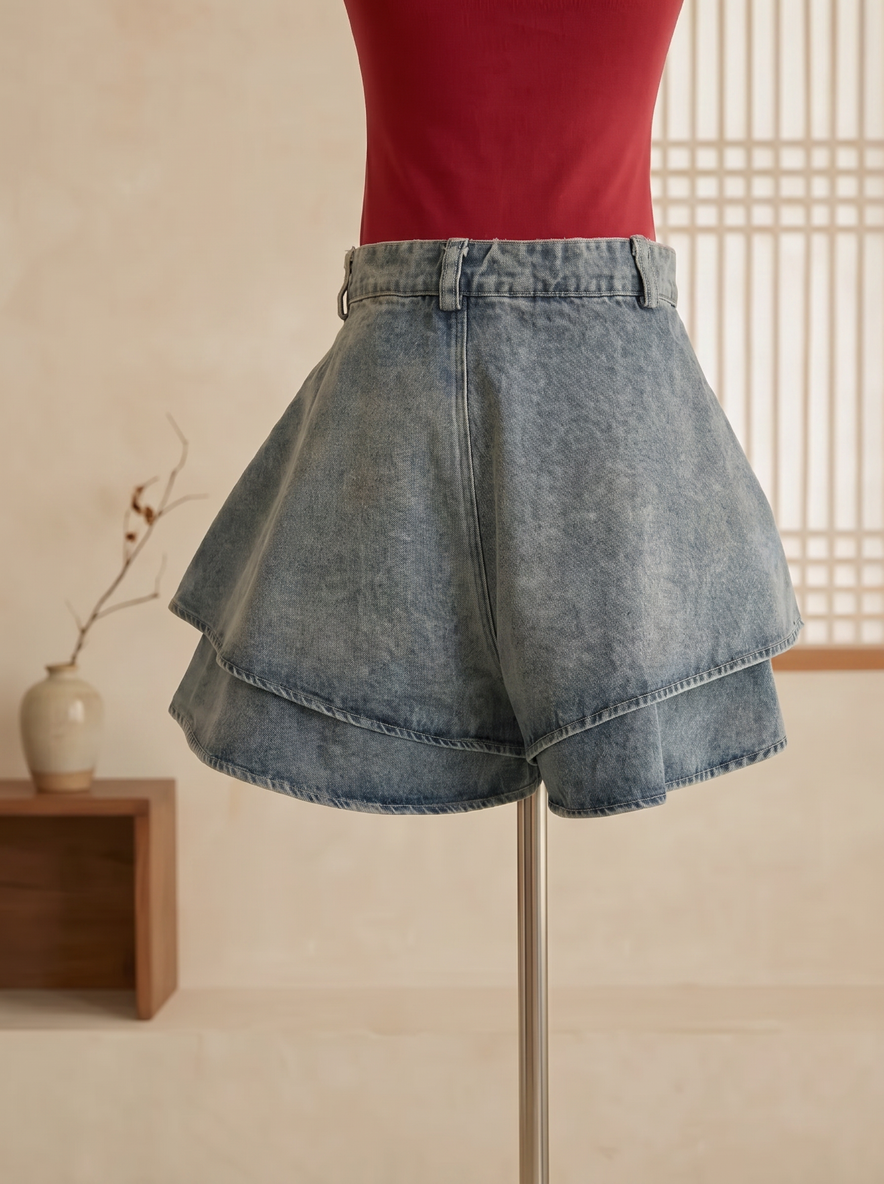 百搭假两件荷叶边阔腿高腰短裤 (J3585)