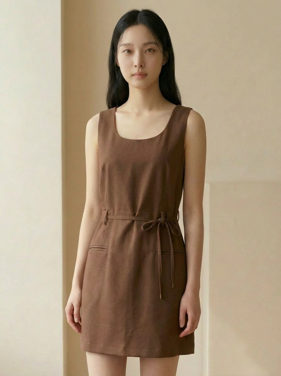 简约大气圆领系带设计连身裙 (ST21610)